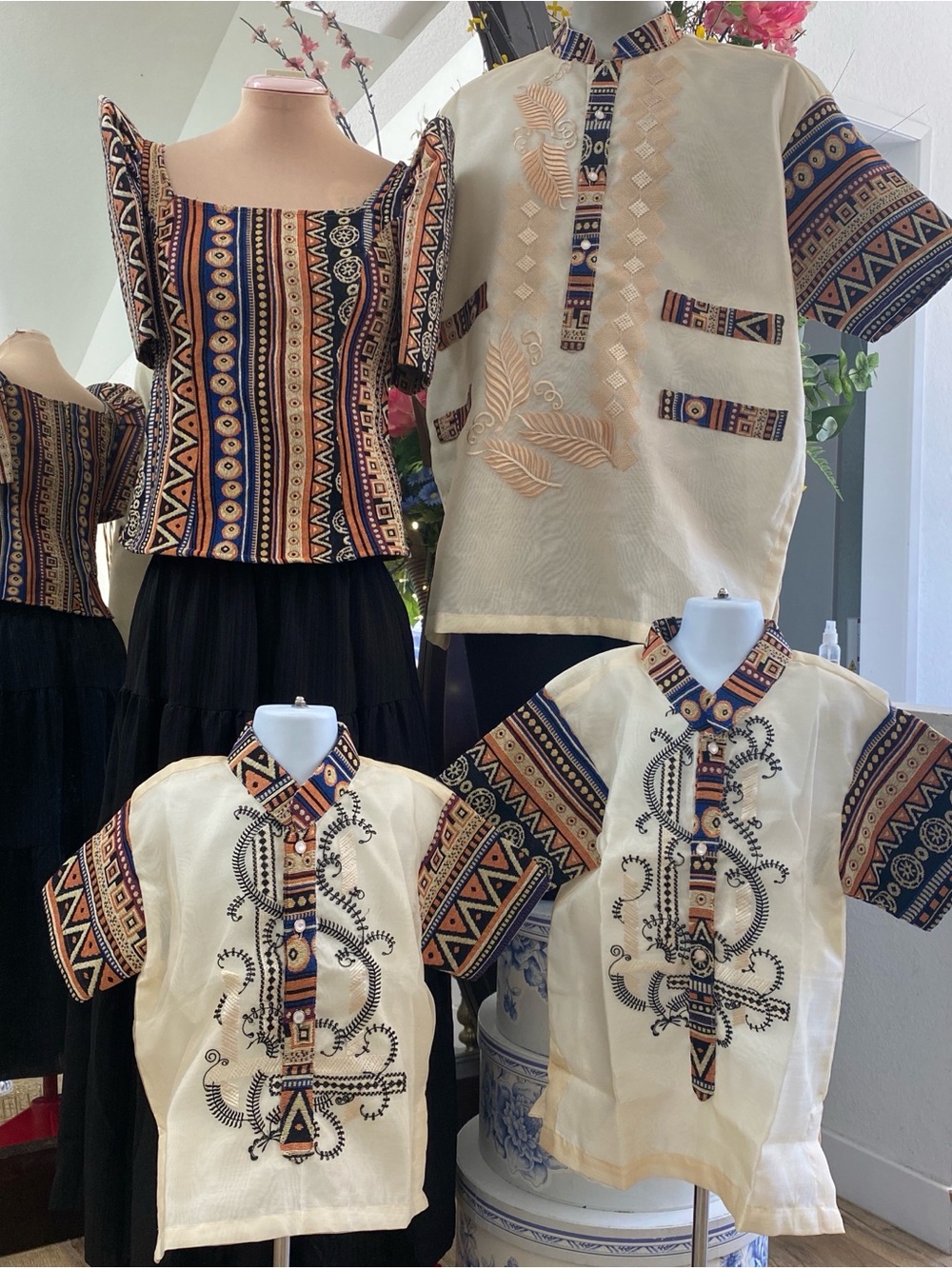 Family Ivory Filipiniana Blouse and Barong Shirt - Traditional Style Family Set